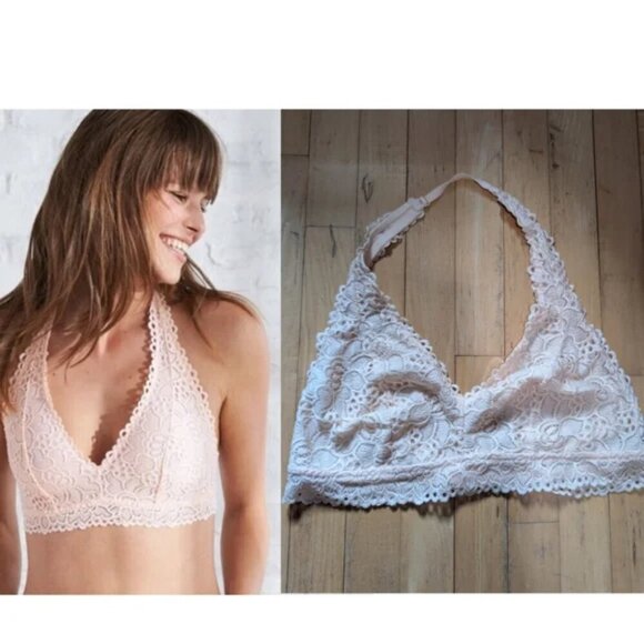 NEW Aerie | Floral Lace Halter Bralette In Blush Pink - Picture 1 of 11